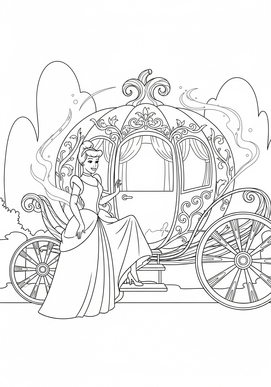 Cinderella entering enchanted pumpkin carriage coloring page