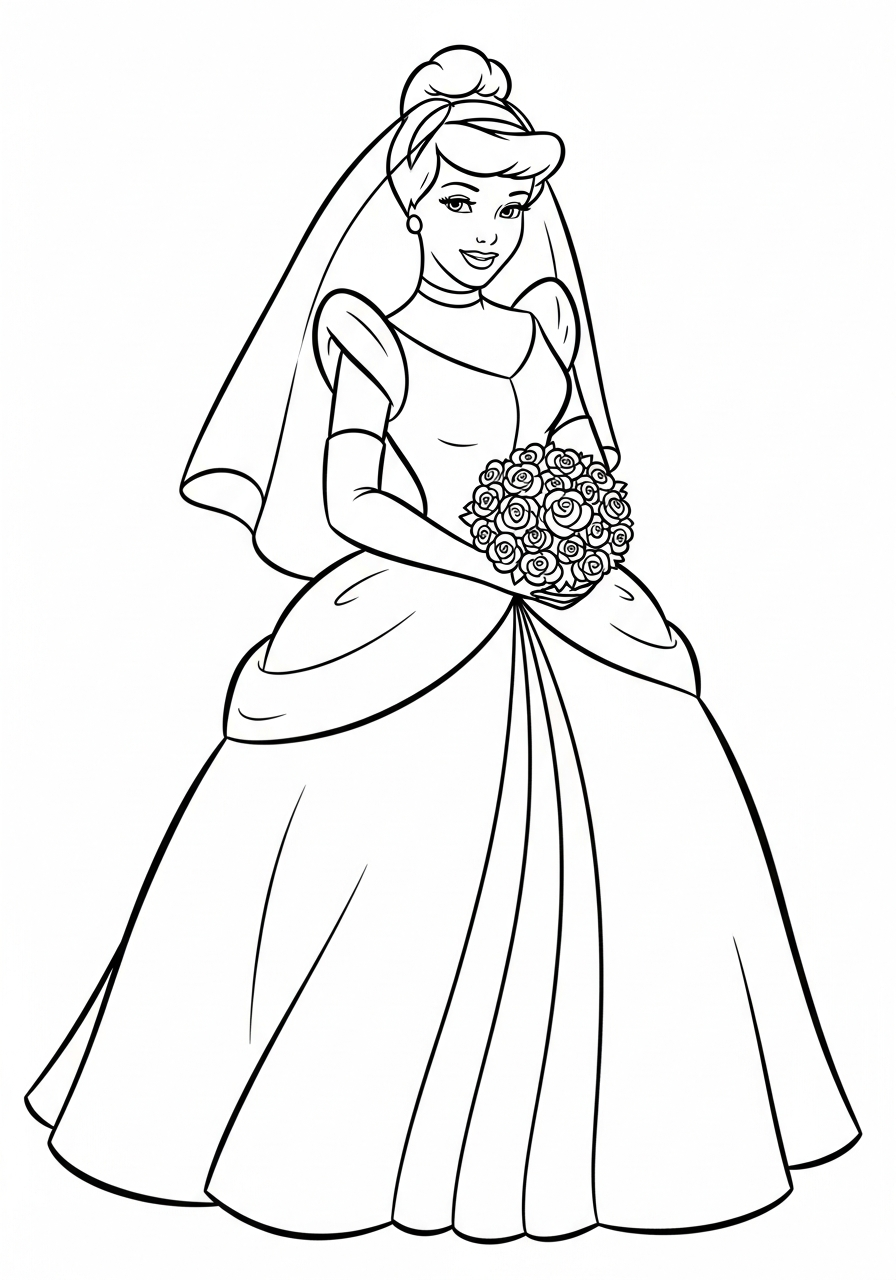 Cinderella in beautiful wedding dress coloring page