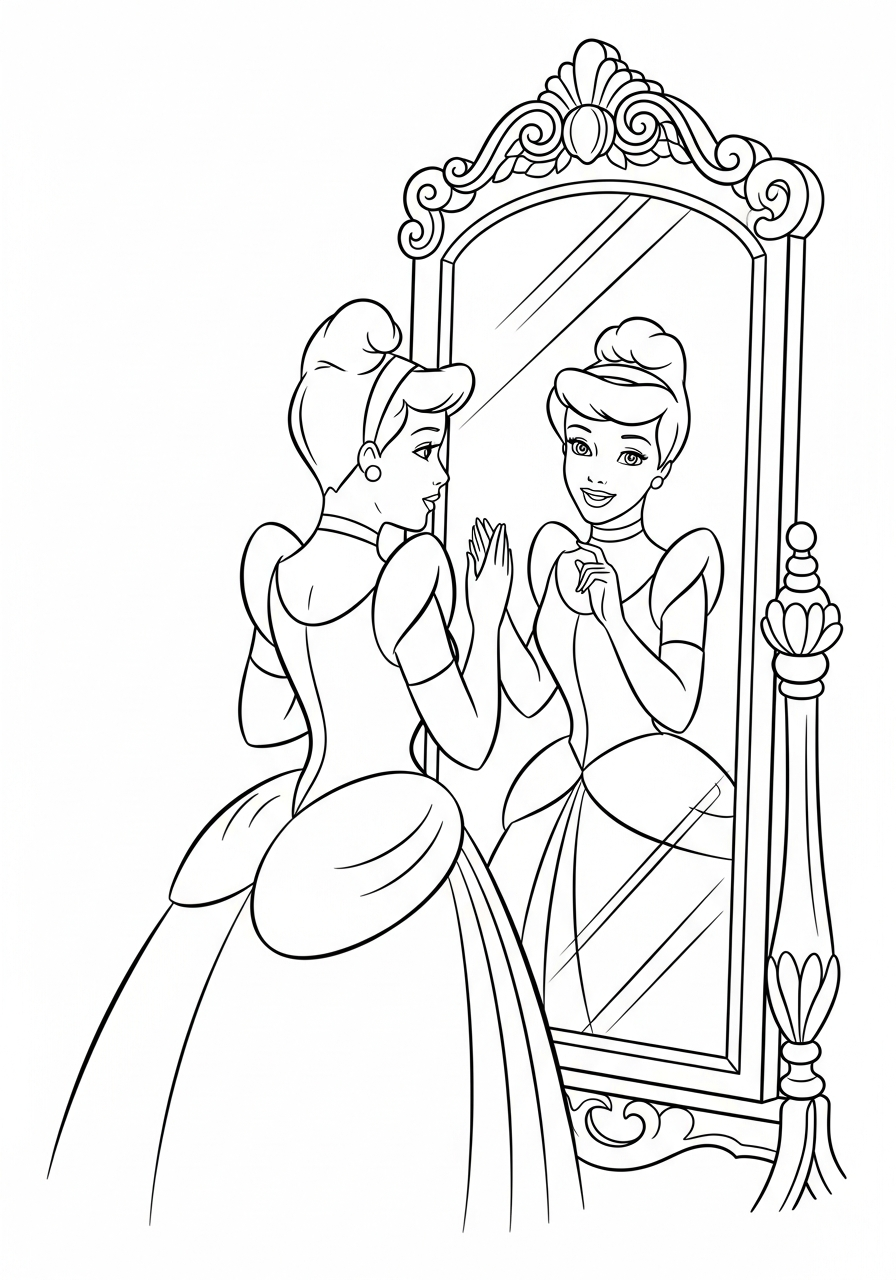 Cinderella looking in mirror reflection coloring page