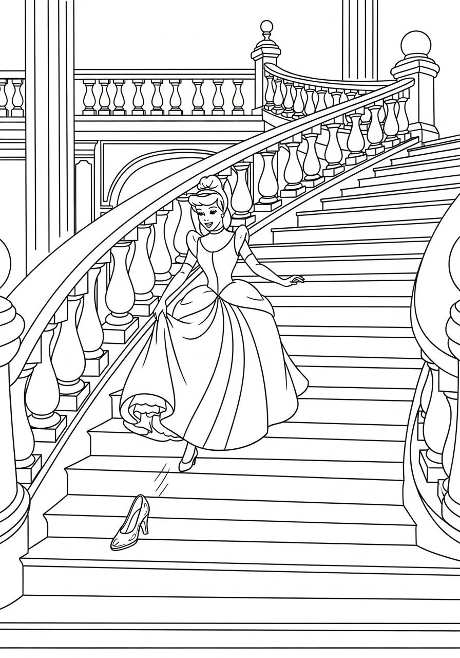 Cinderella losing glass slipper on stairs coloring page