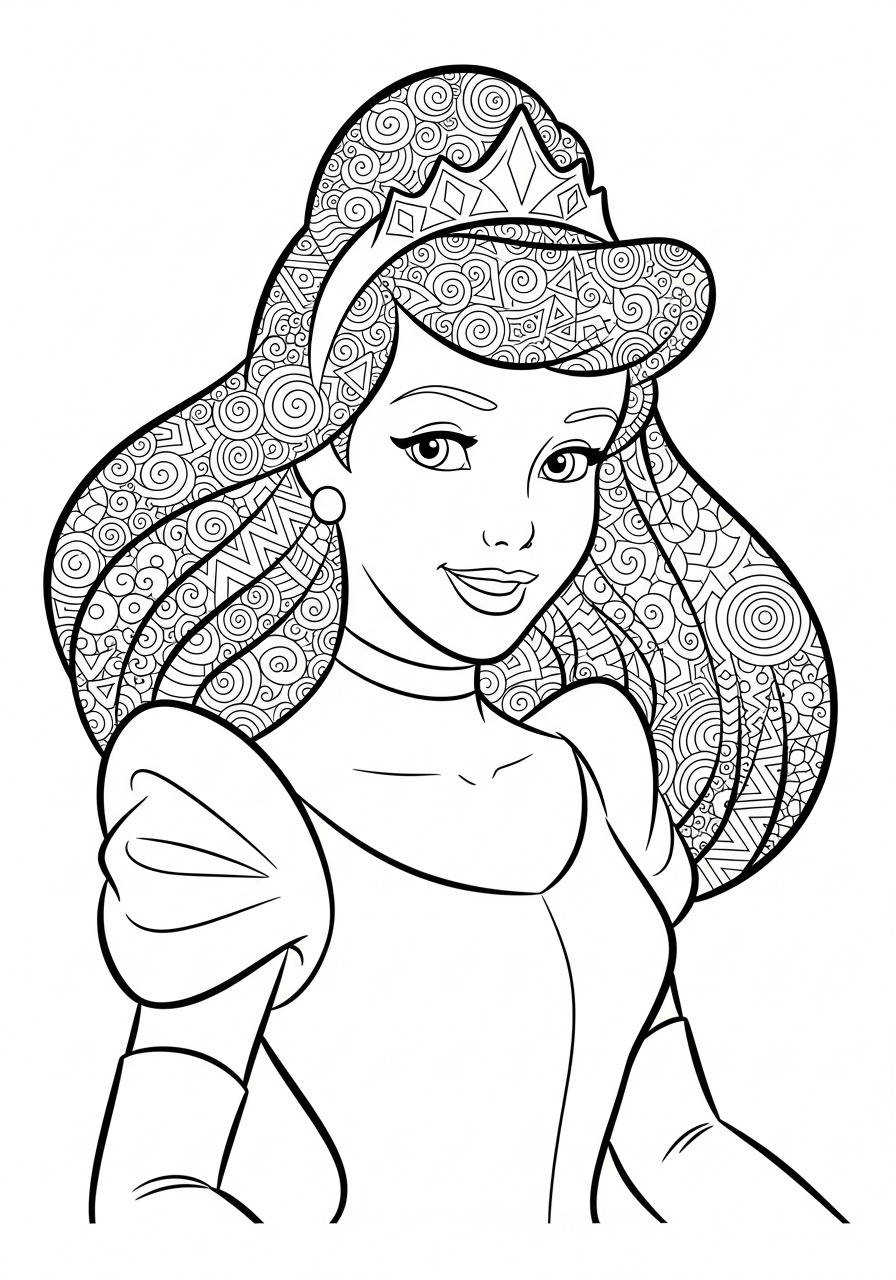 Cinderella portrait with zentangle hair coloring page