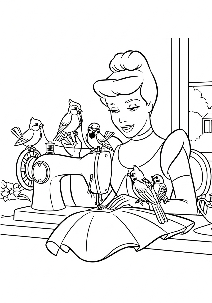 Cinderella sewing pink dress with birds coloring page