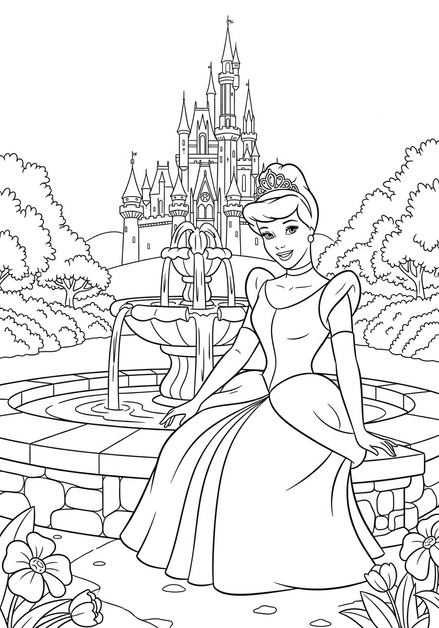 Cinderella sitting by garden fountain coloring page