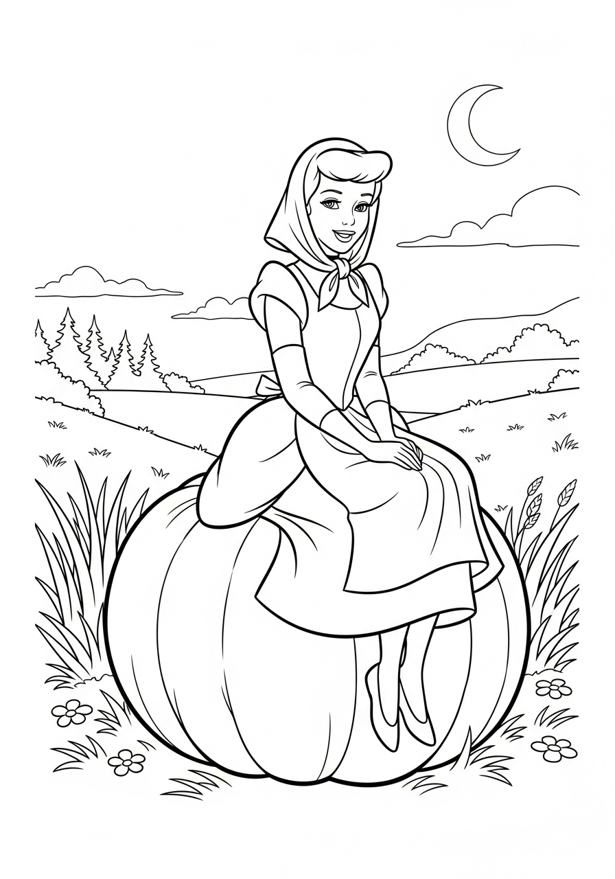 Cinderella sitting on large pumpkin coloring page