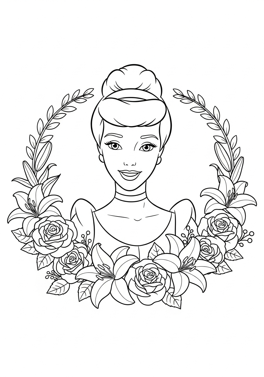 Cinderella smiling in floral wreath coloring page