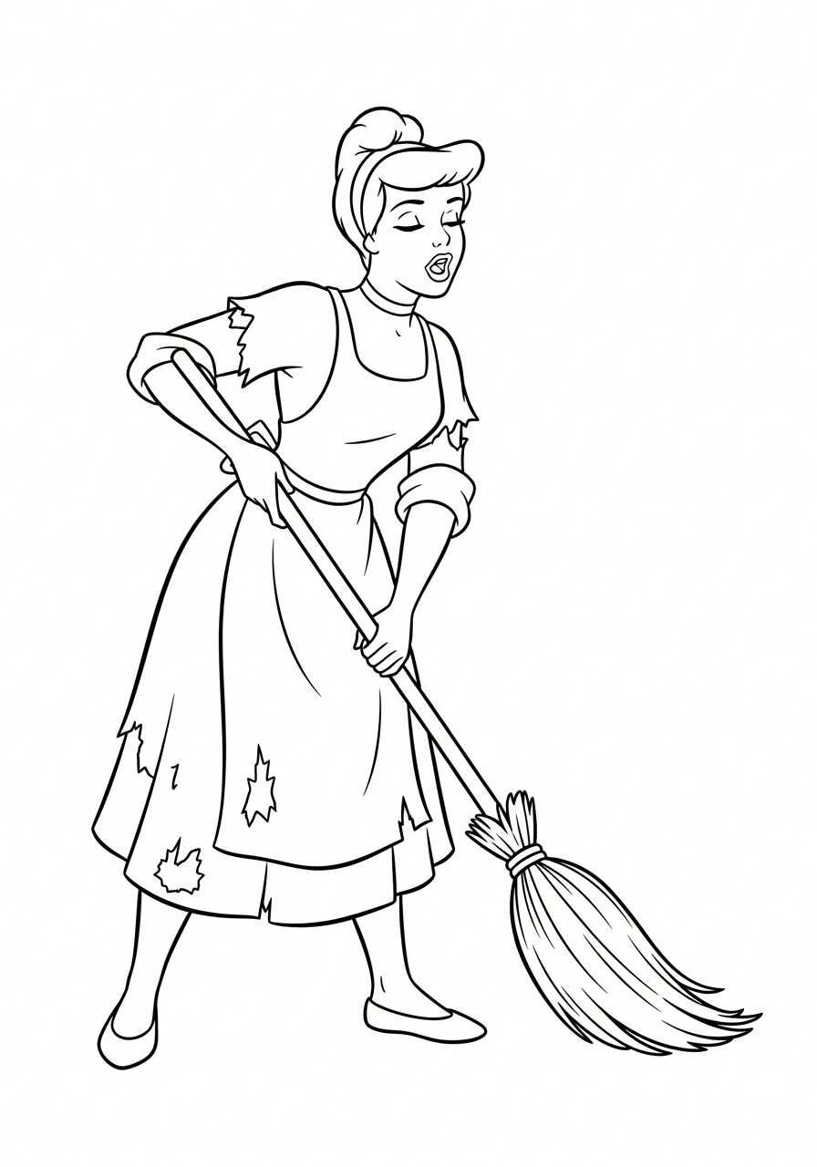 Cinderella sweeping floor in rags coloring page