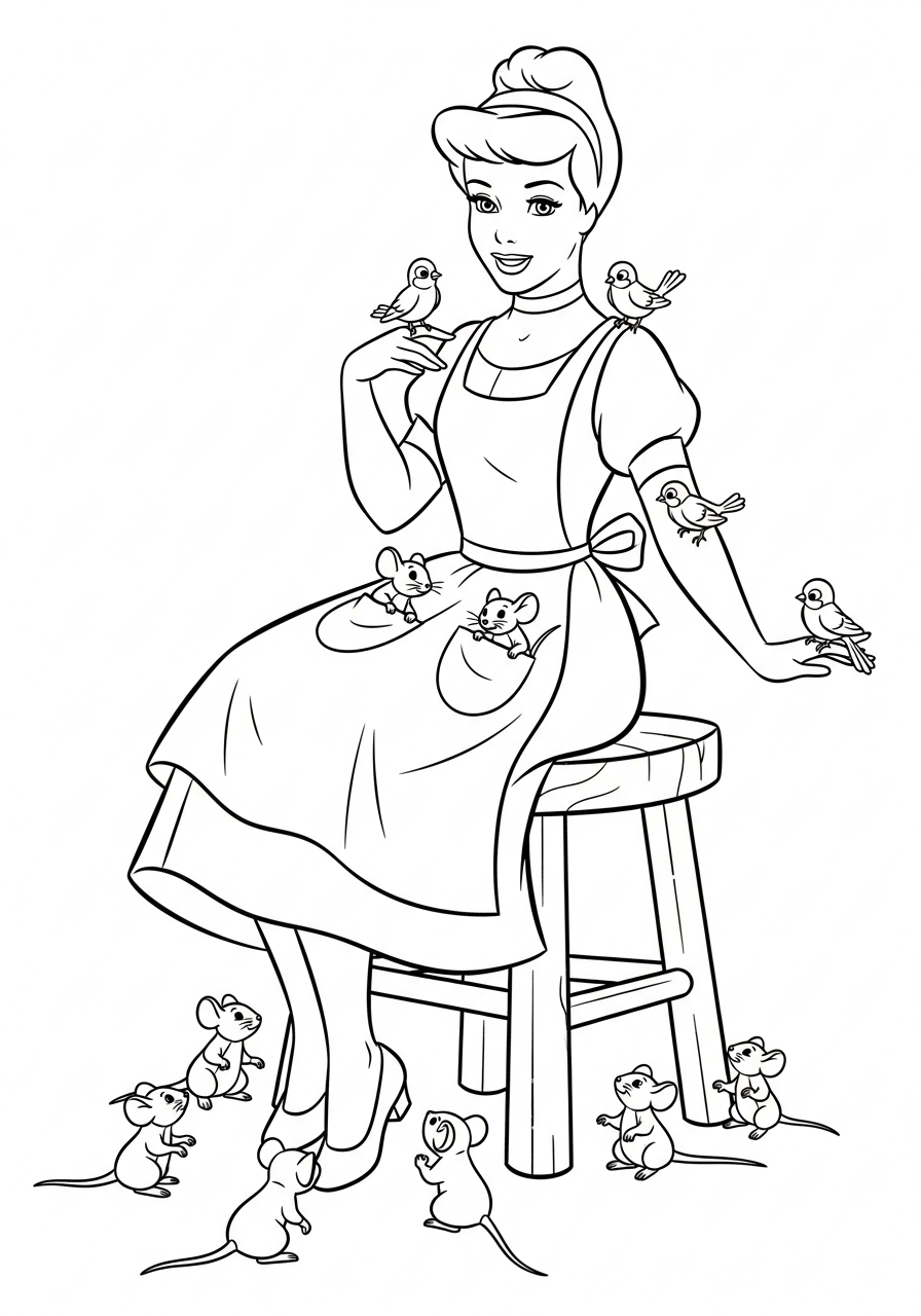 Cinderella talking to mice friends coloring page