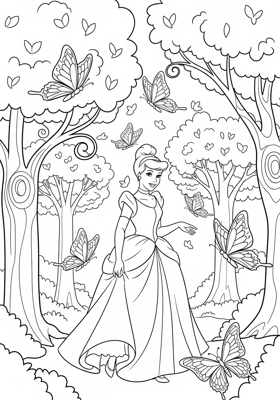 Cinderella walking in magical forest coloring page