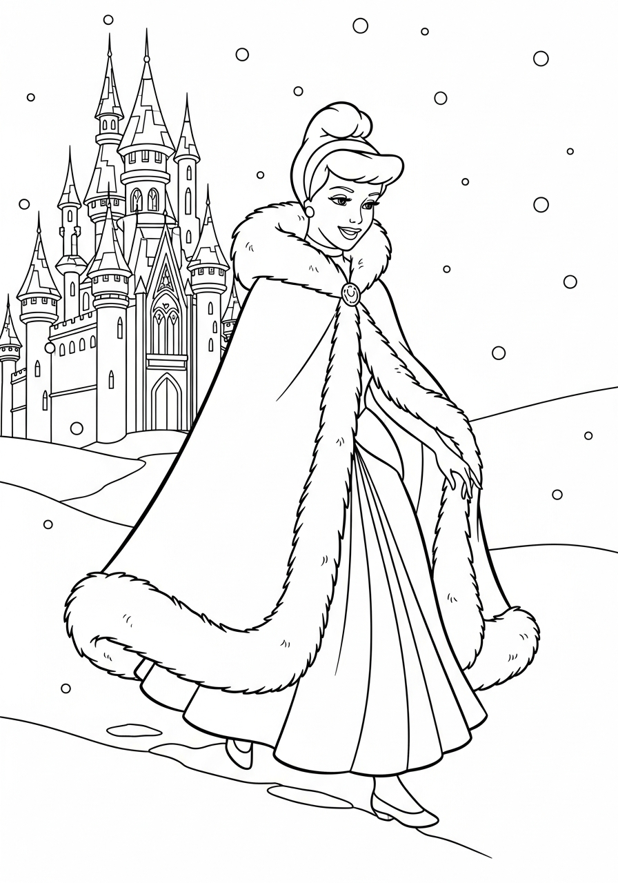 Cinderella walking in winter snow coloring page
