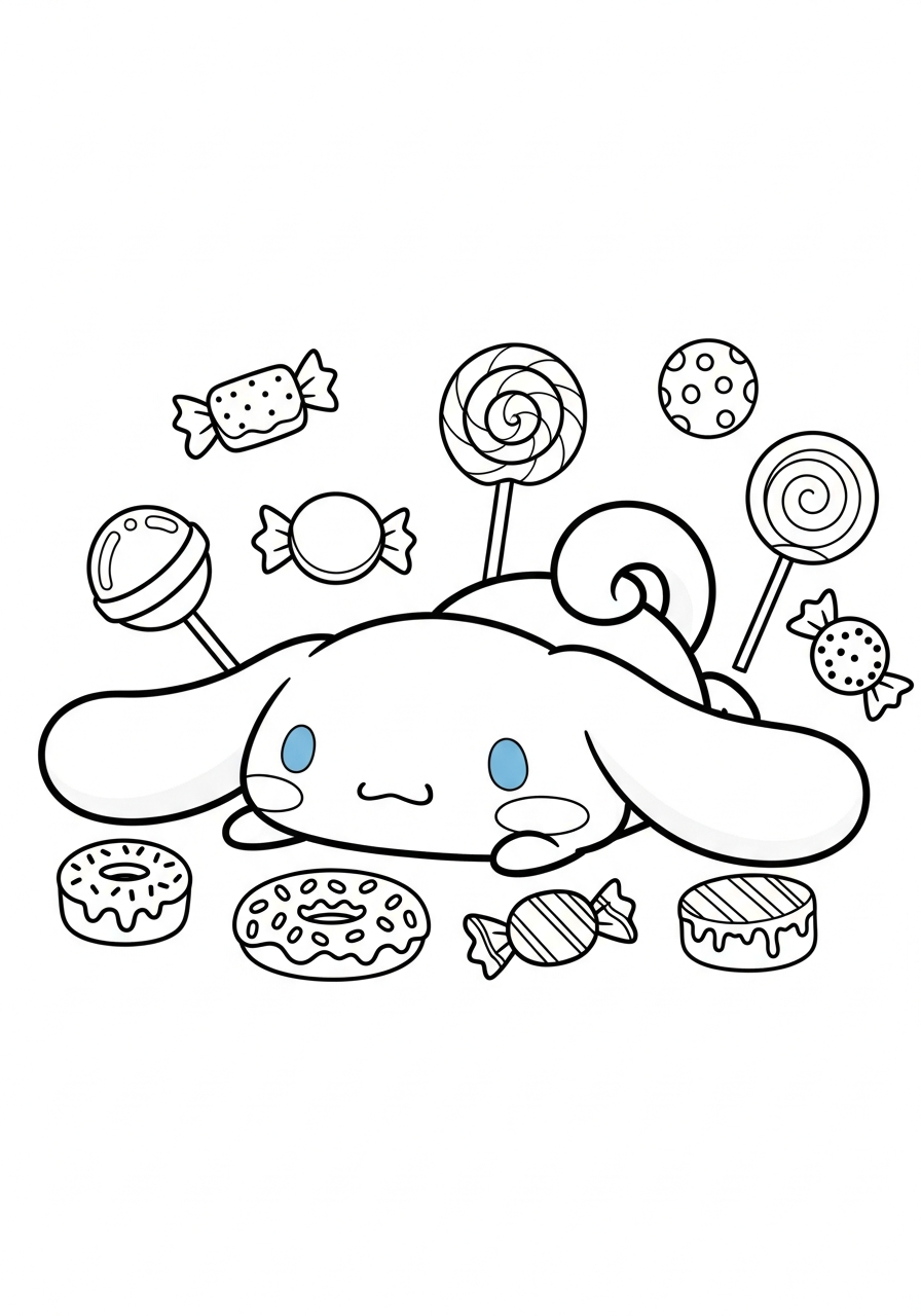 Cinnamoroll Coloring Pages 15 Cinnamoroll surrounded by candy coloring page