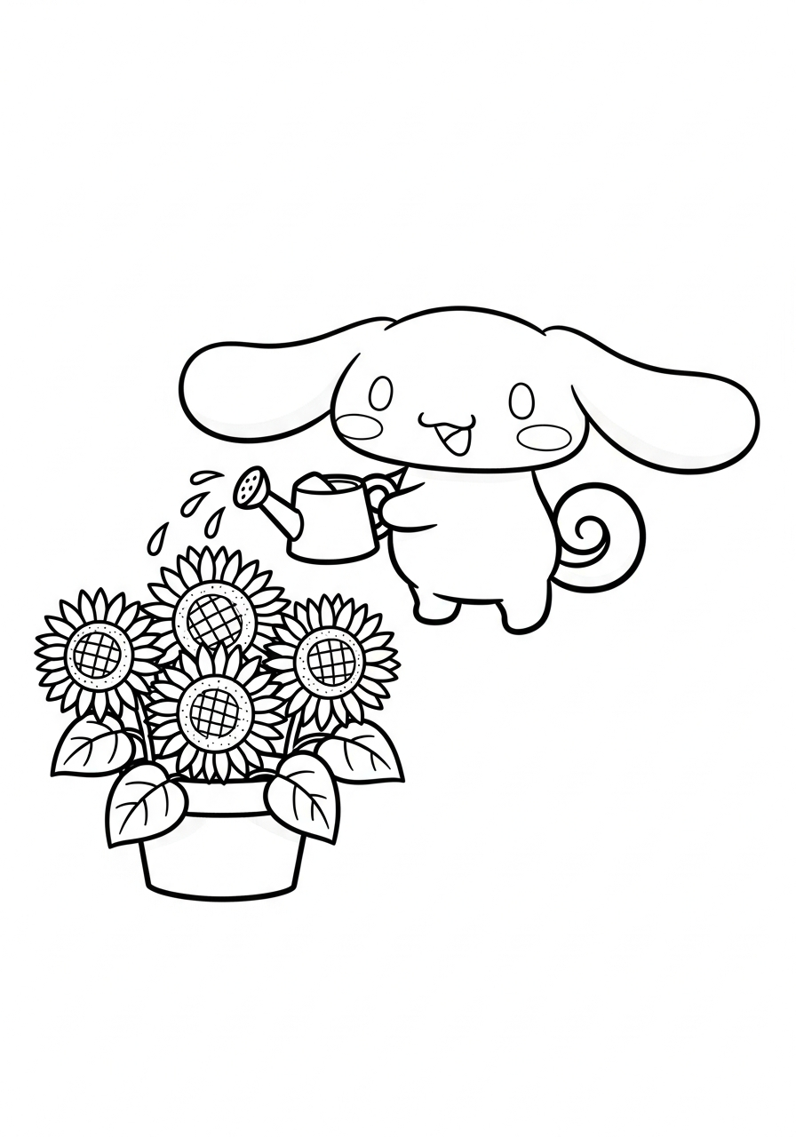 Cinnamoroll Coloring Pages 17 Cinnamoroll watering sunflower plants coloring page