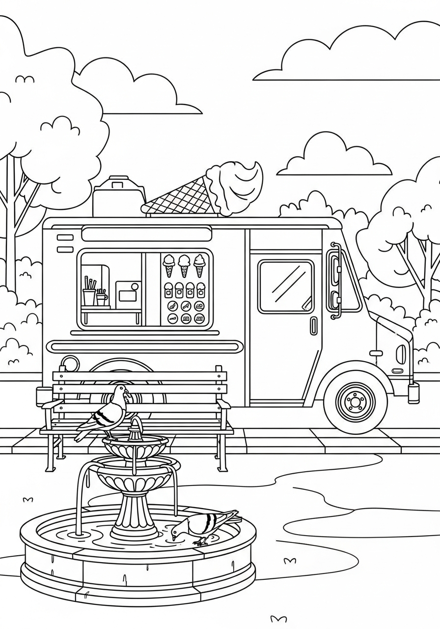 City park fountain ice cream truck coloring page