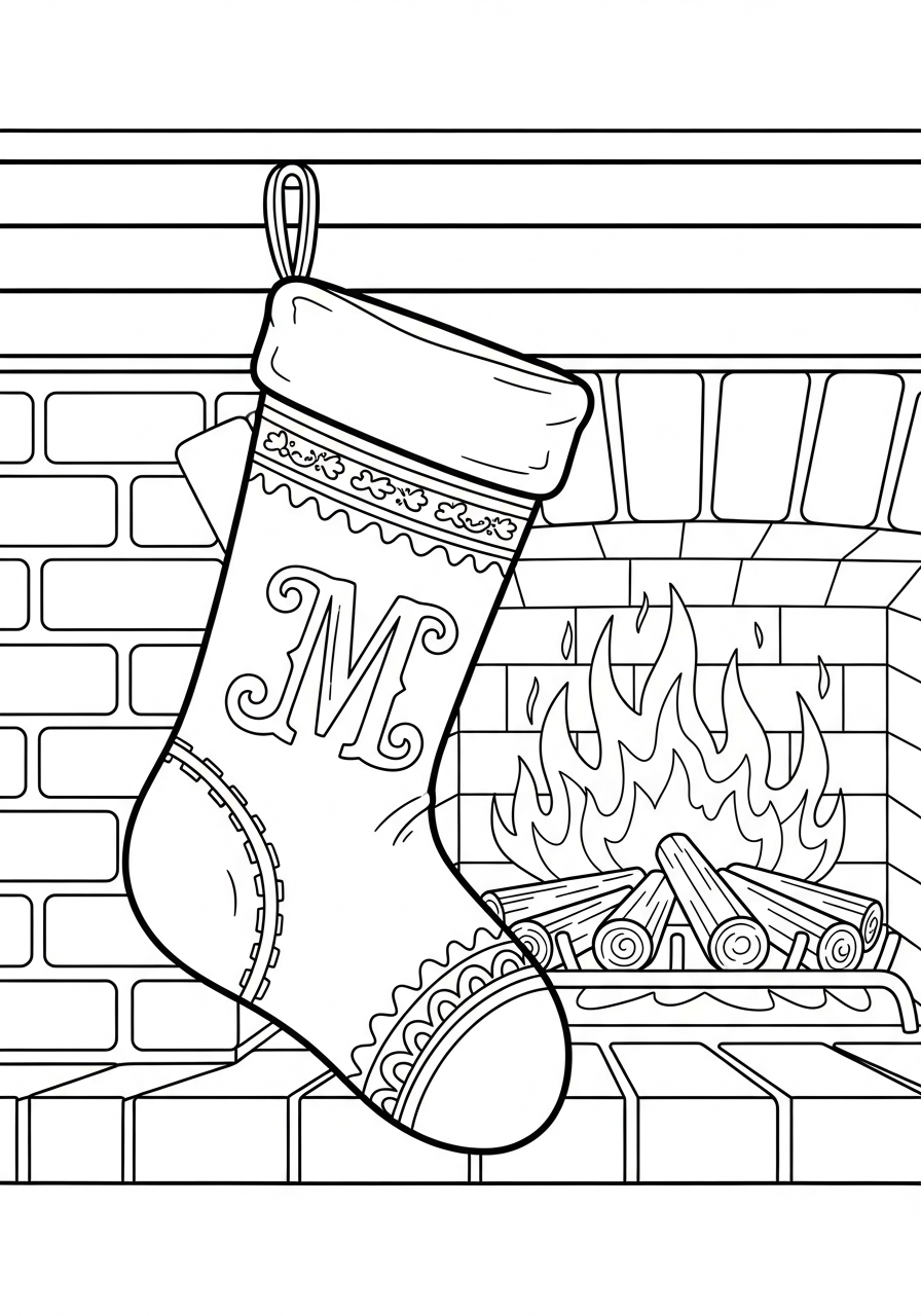 Classic wool Christmas Stocking on fireplace coloring page