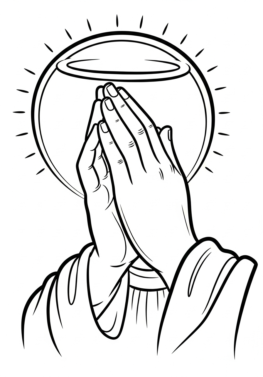 Close up praying hands with halo coloring page