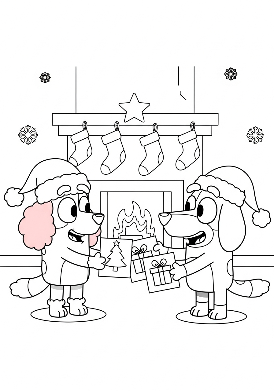 Bluey Christmas Coloring Pages 10 Coco and Snickers sharing gifts coloring page