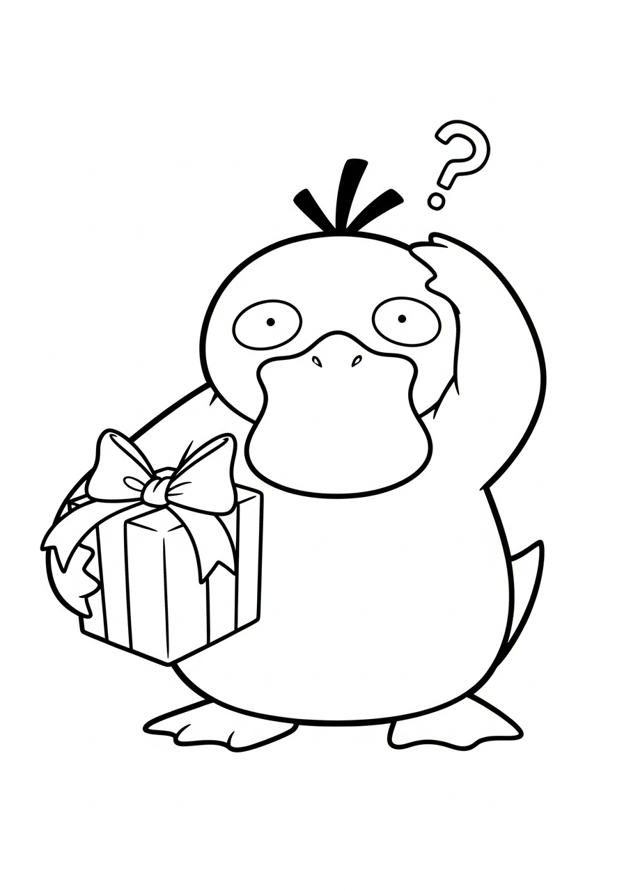 Pokemon Christmas Coloring Pages 5 Confused Psyduck holding gift coloring page