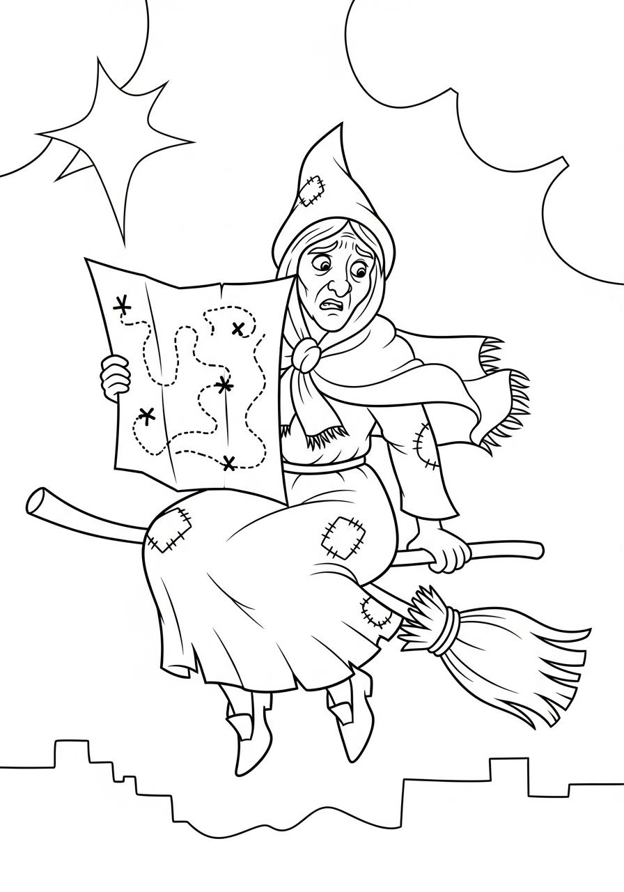 La Befana Coloring Pages 2 Confused witch looking at map coloring page