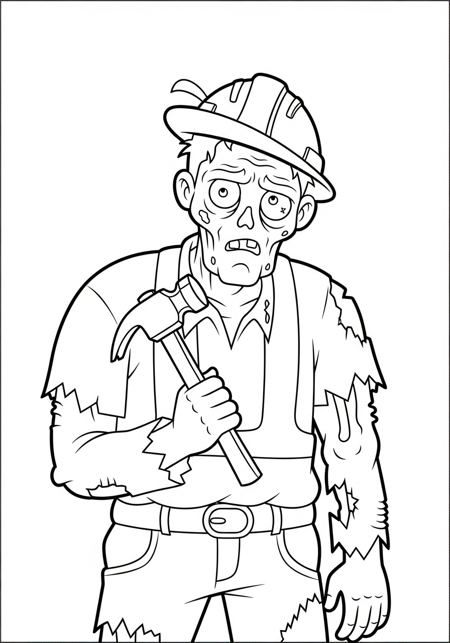 Zombie Coloring Pages 5 Construction worker zombie holding hammer coloring page