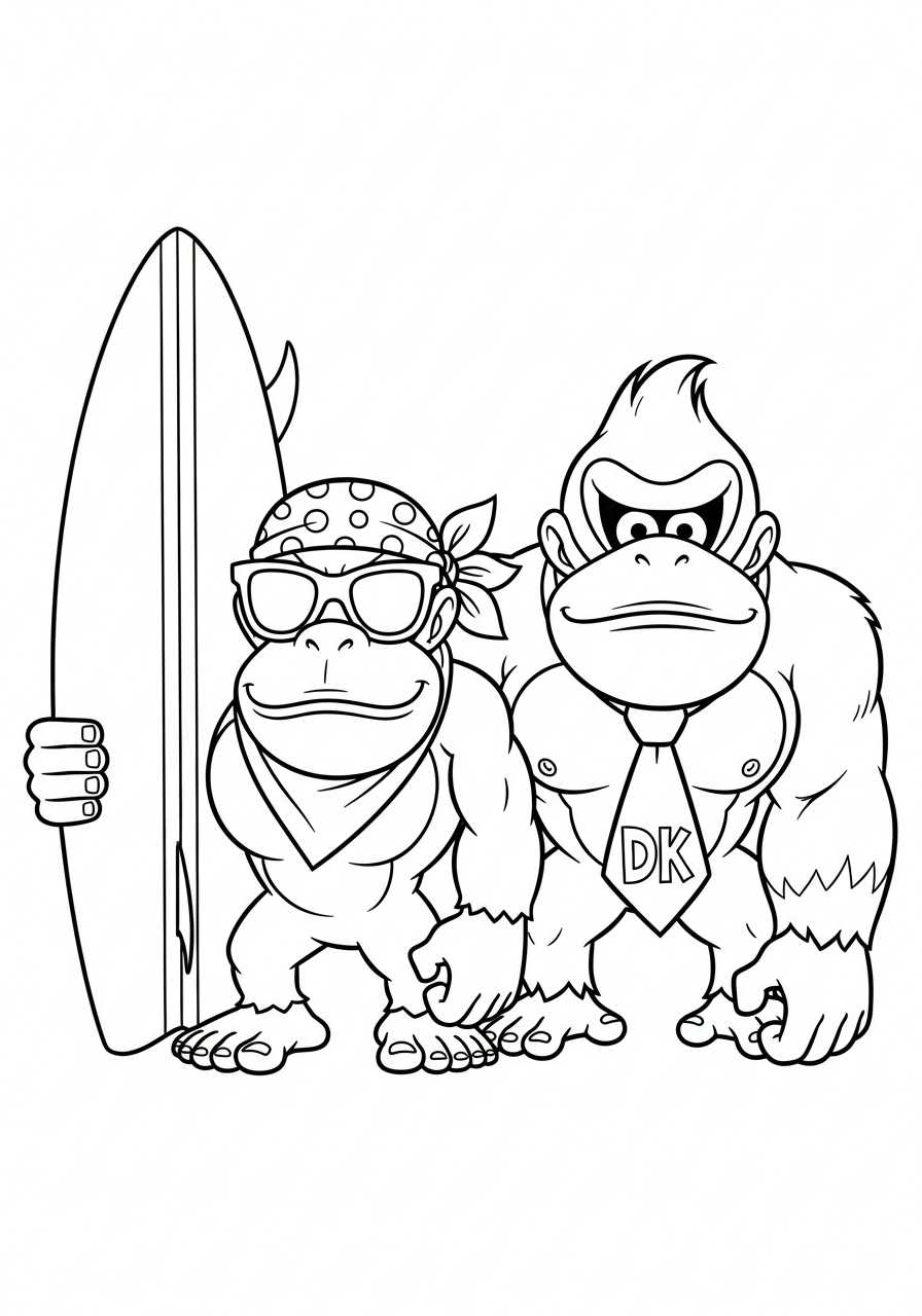 Donkey Kong Coloring Pages 3 Cool Funky Kong holding surfboard sunglasses coloring page