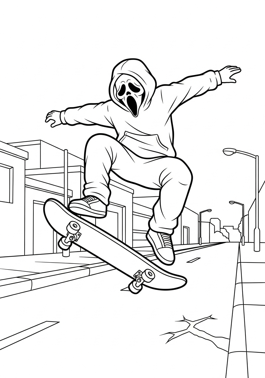 Cool Ghostface riding a skateboard coloring page