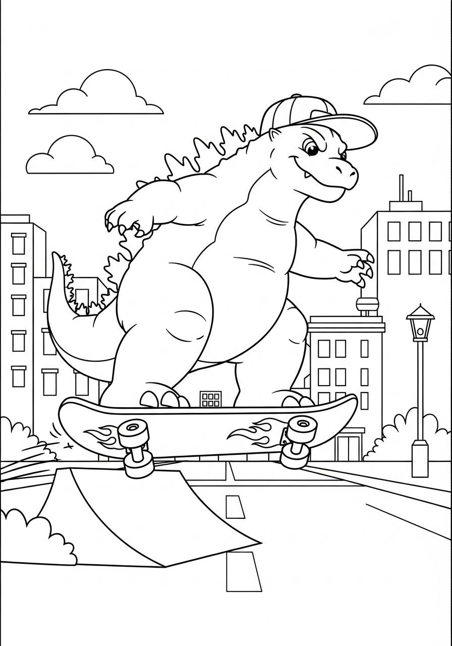 Cool Godzilla riding a skateboard coloring page