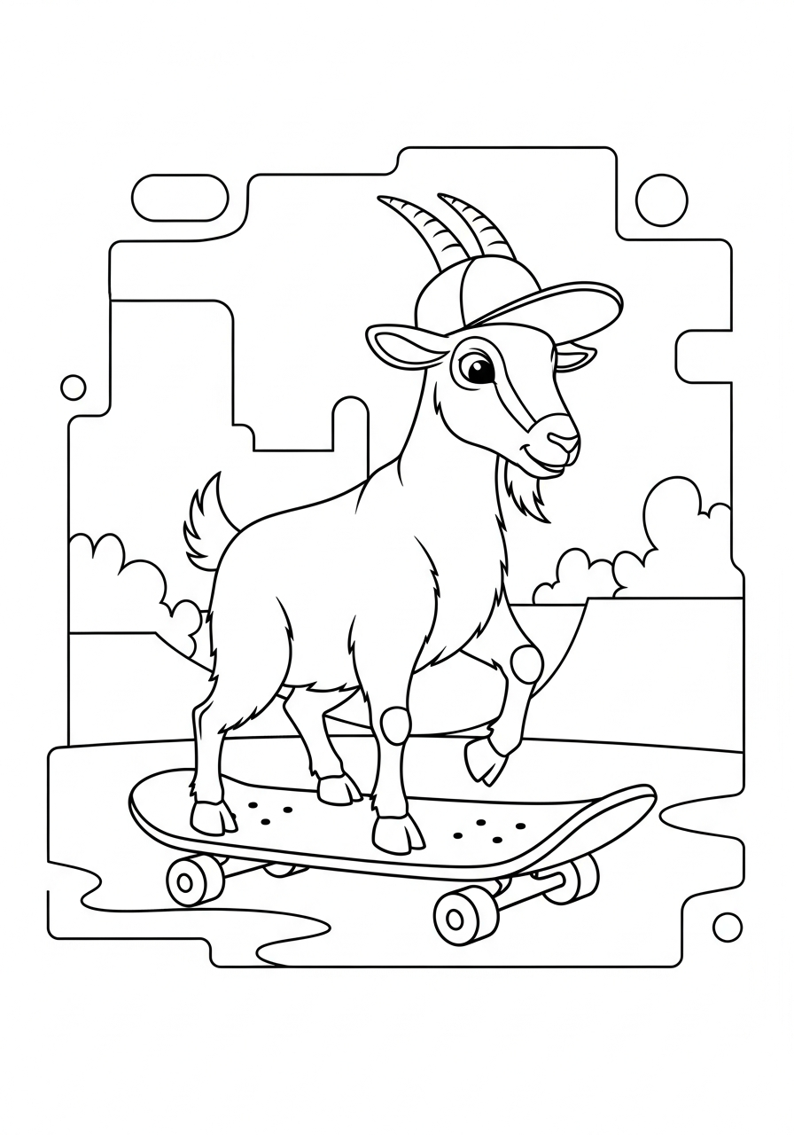 Cool skateboarding goat wearing cap coloring page