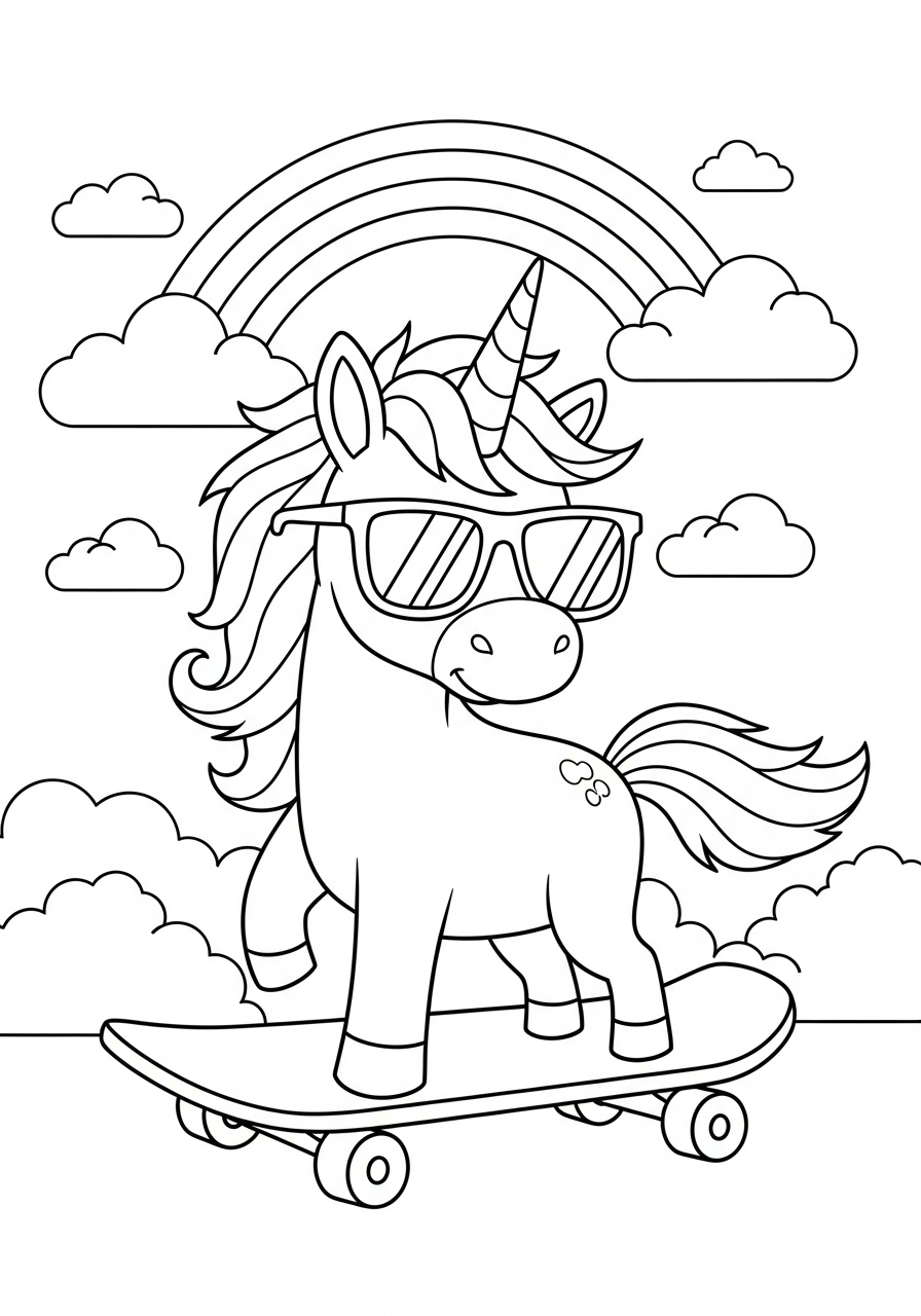 Unicorn Coloring Pages 6 Cool unicorn riding a skateboard coloring page