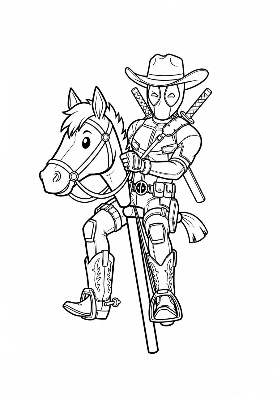 Deadpool Coloring Pages 8 Cowboy Deadpool riding stick horse coloring page