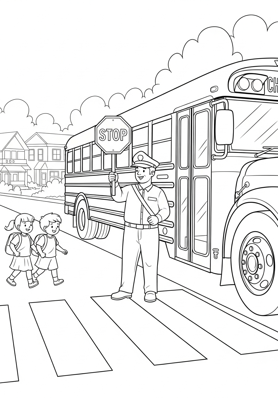 School Bus Coloring Pages 7 Crossing guard near School Bus coloring page