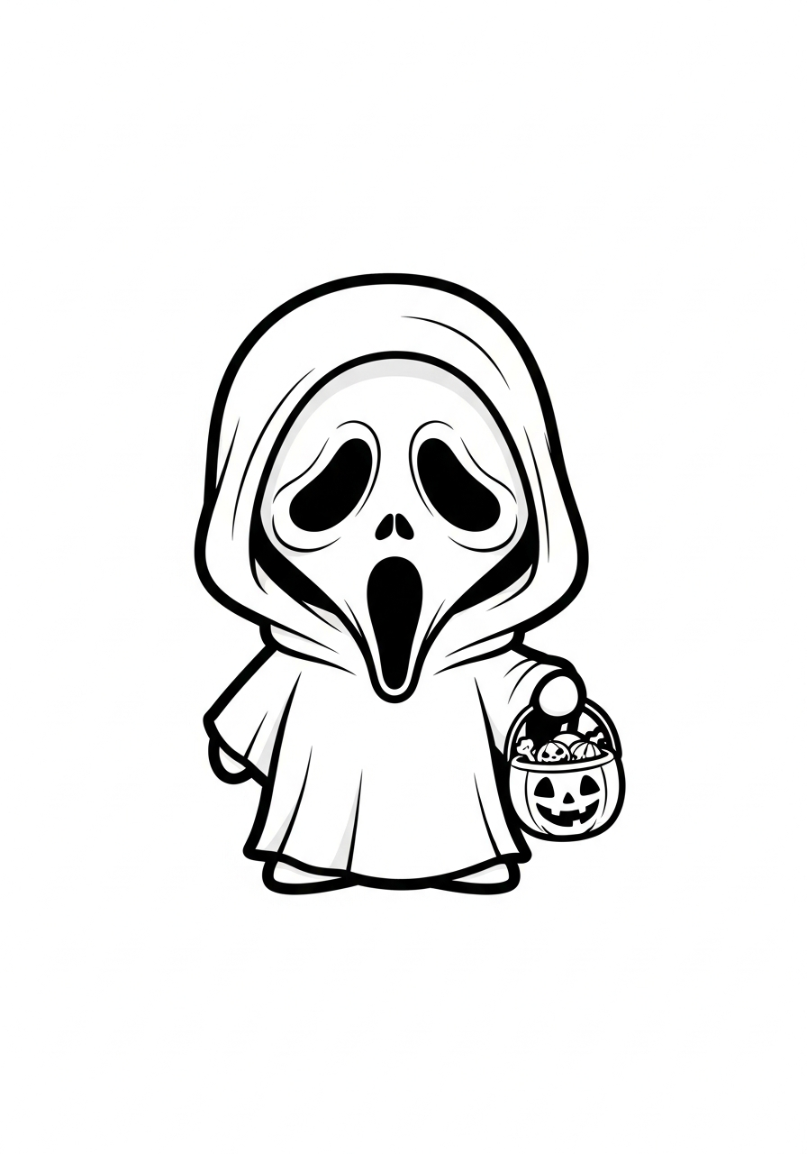 Cute Chibi Ghostface holding candy bucket coloring page