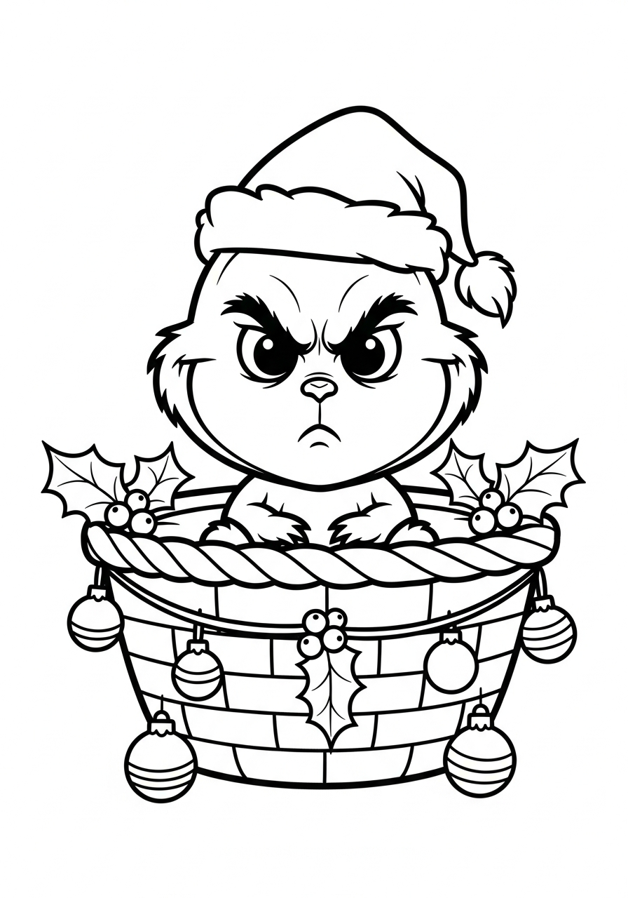 Grinch Coloring Pages 3 Cute baby Grinch in basket coloring page