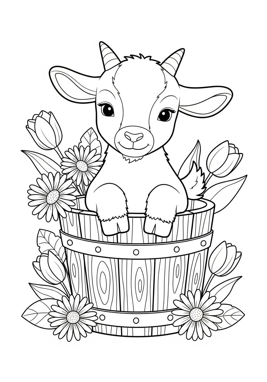 Cute baby goat in bucket coloring page