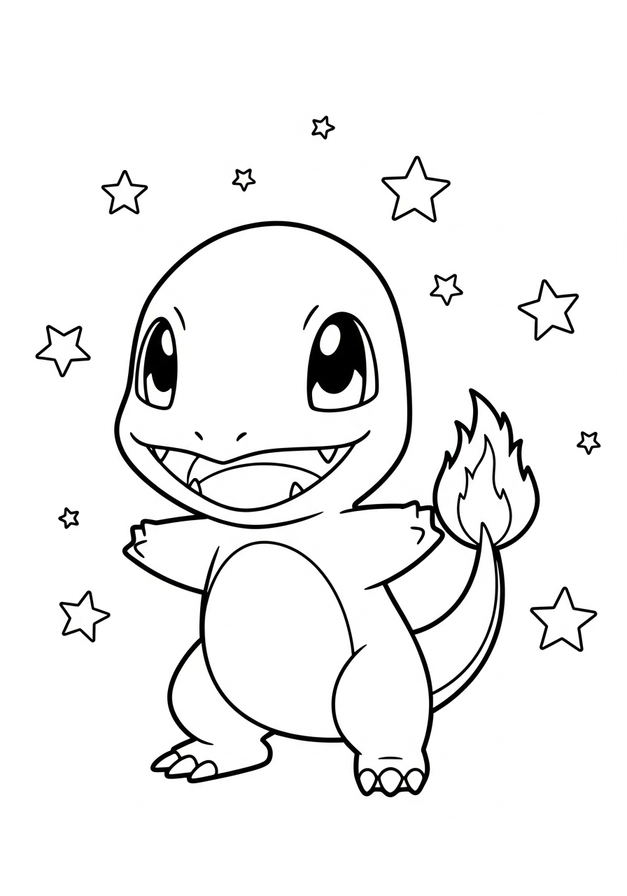 Charmander Coloring Pages 22 Cute chibi Charmander with stars coloring page