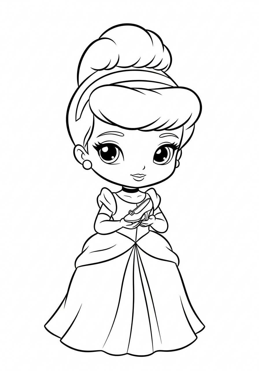 Cute chibi Cinderella holding slipper coloring page
