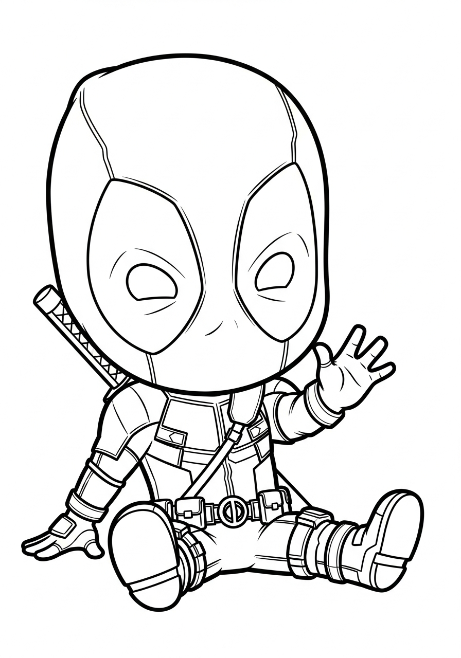 Deadpool Coloring Pages 9 Cute chibi Deadpool sitting waving coloring page