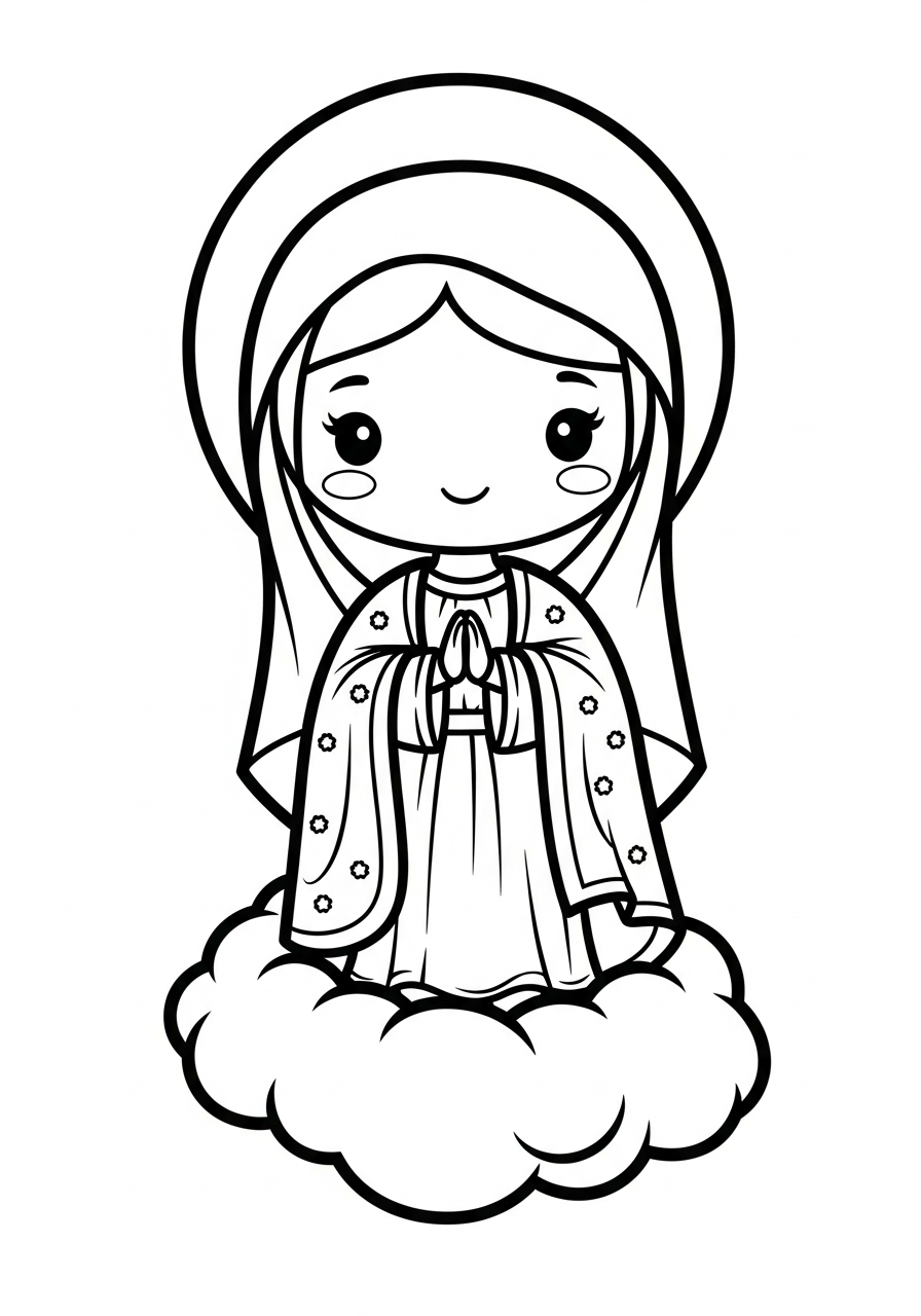 Cute chibi Virgin Mary smiling coloring page