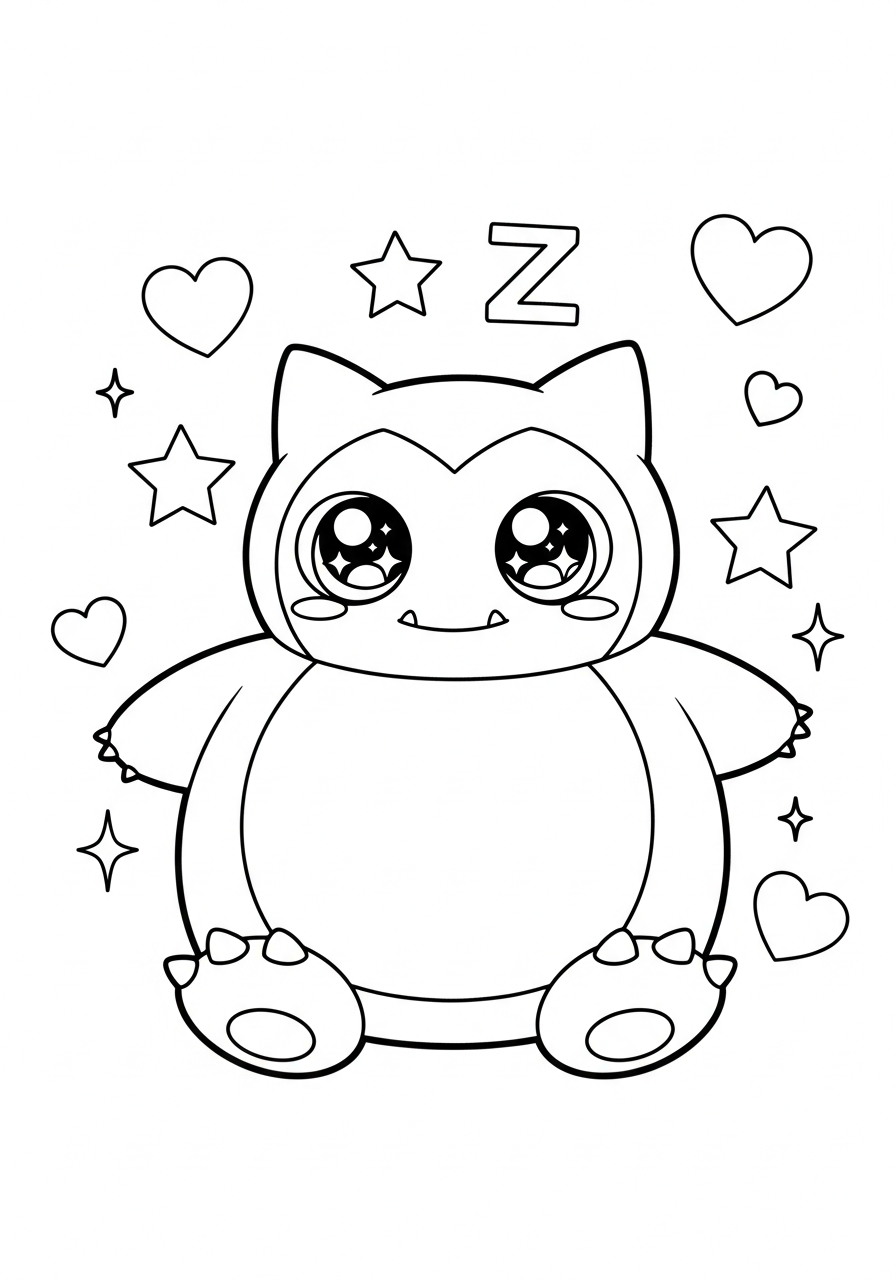 Snorlax Coloring Pages 7 Cute chibi kawaii Snorlax stars coloring page