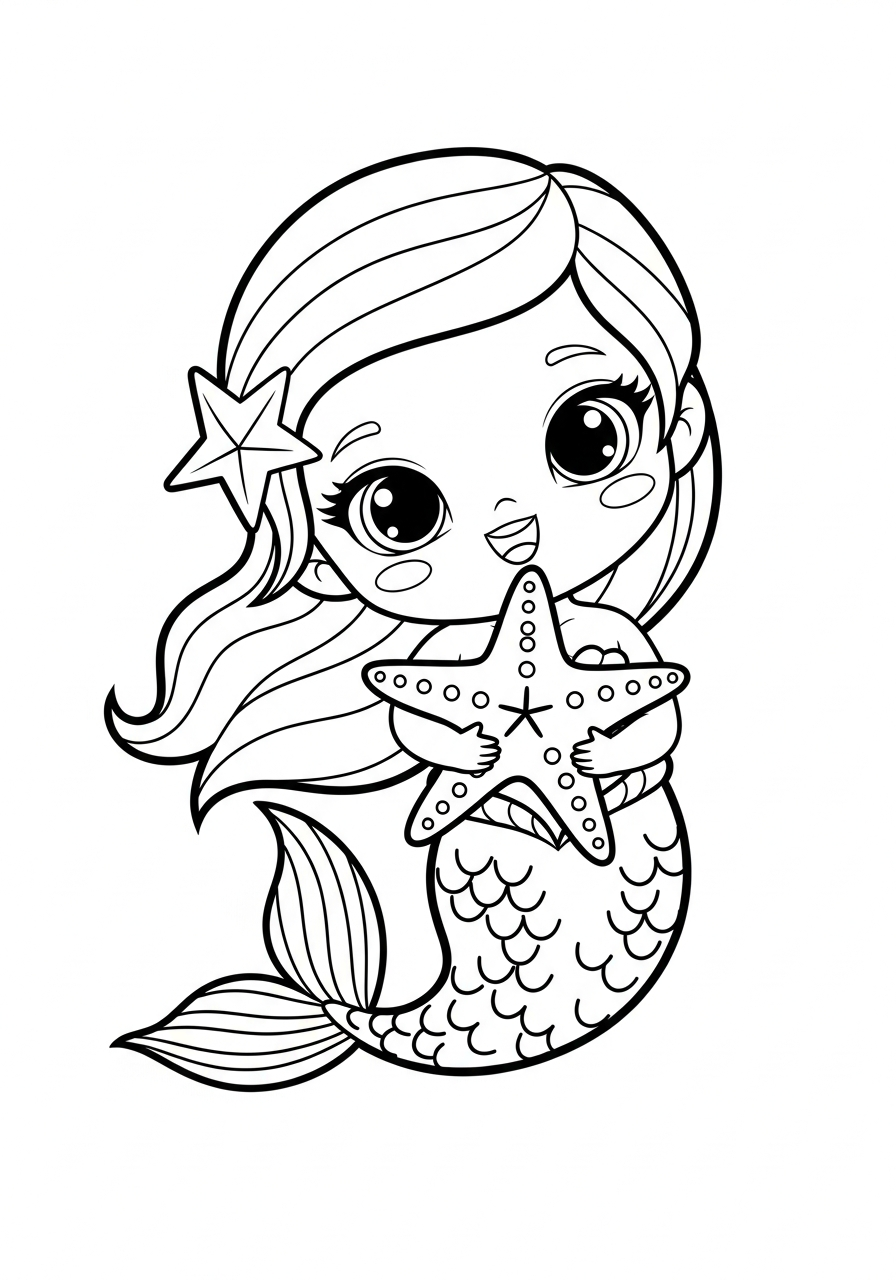 Mermaid Coloring Pages 3 Cute chibi mermaid hugging starfish coloring page