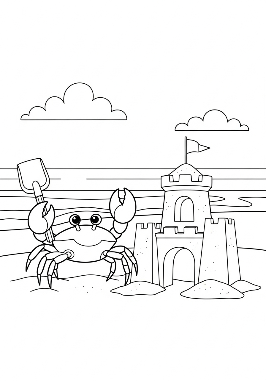 Crab Coloring Pages 11 Cute crab building sandcastle coloring page