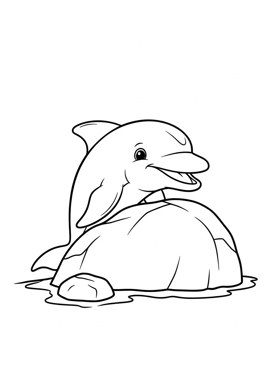 Dolphin Coloring Pages 5 Cute dolphin peeking behind rock coloring page