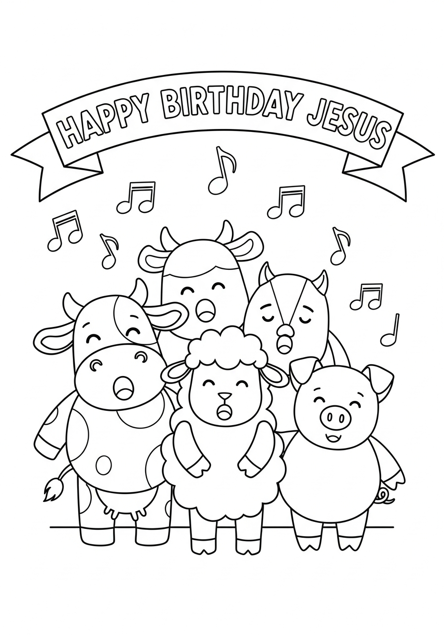 Cute farm animals singing choir coloring page