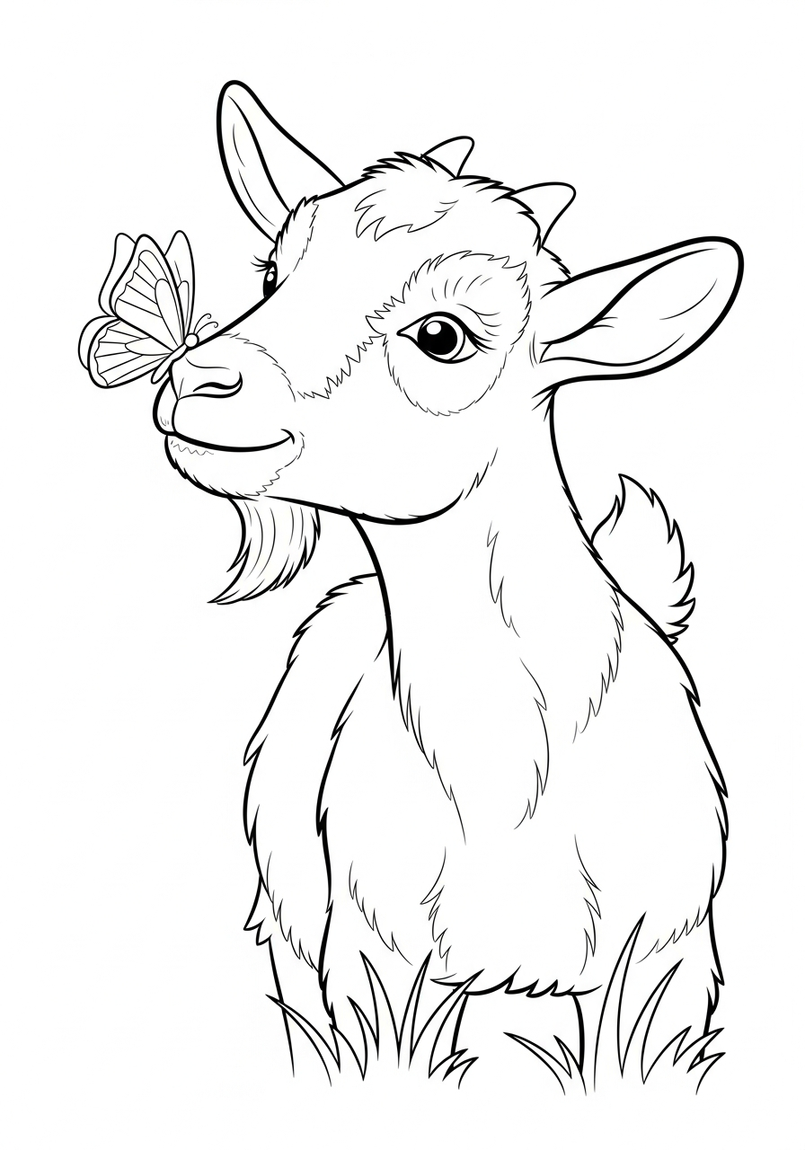 Cute goat looking at butterfly coloring page