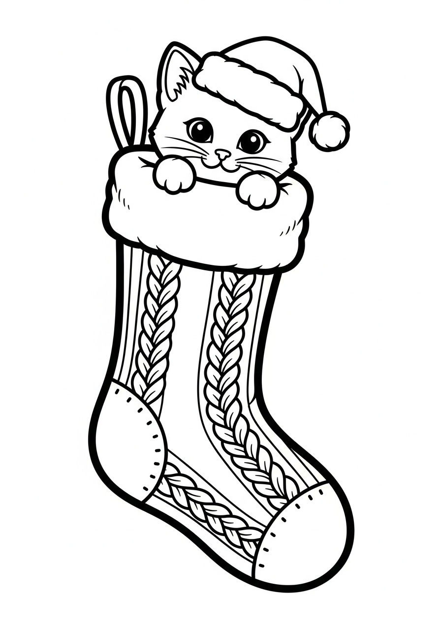 Cute kitten inside Christmas Stocking coloring page