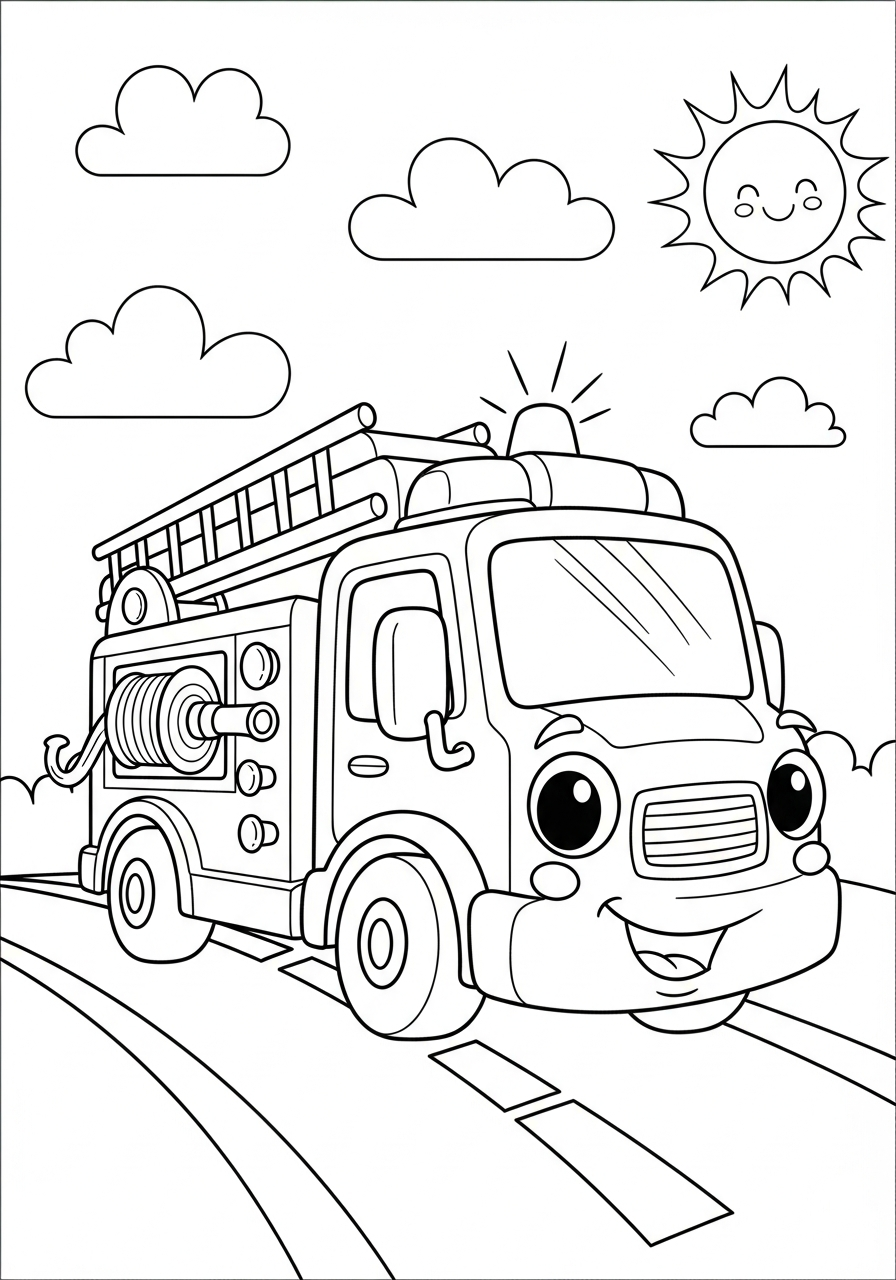 Fire Truck Coloring Pages 4 Cute smiling cartoon fire truck coloring page