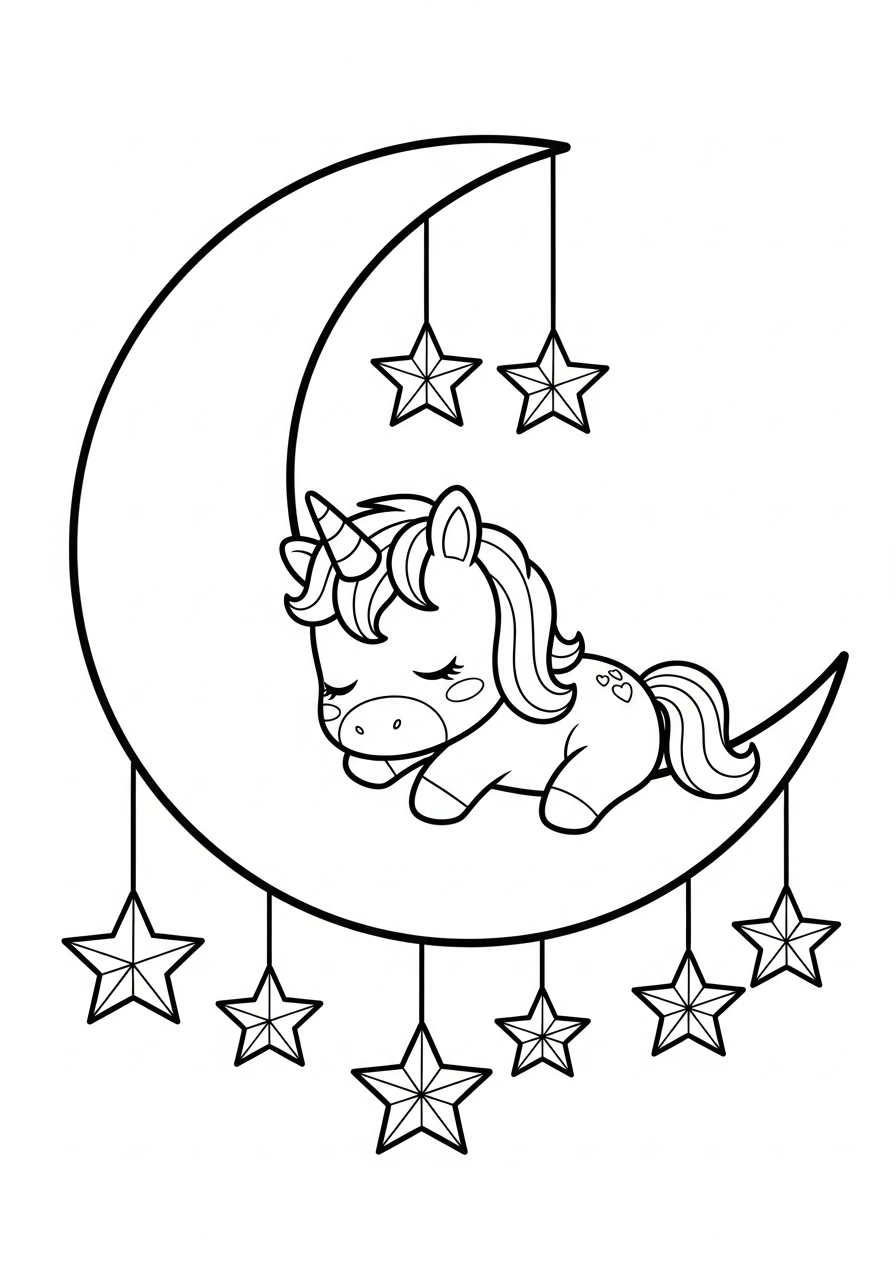 Unicorn Coloring Pages 8 Cute unicorn sleeping on moon coloring page