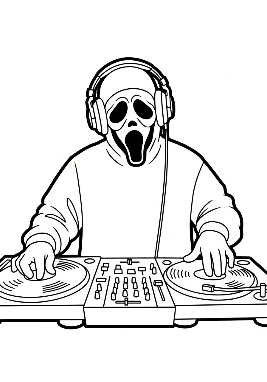 DJ Ghostface scratching vinyl records coloring page