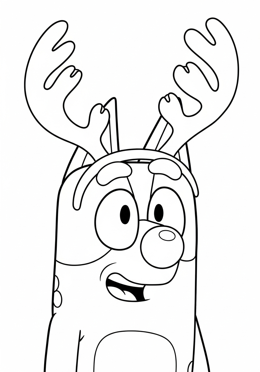 Bluey Christmas Coloring Pages 12 Dad Bandit wearing reindeer antlers coloring page