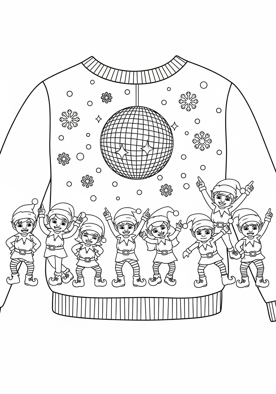Ugly Christmas Sweater Coloring Pages 6 Dancing elves ugly Christmas sweater coloring page