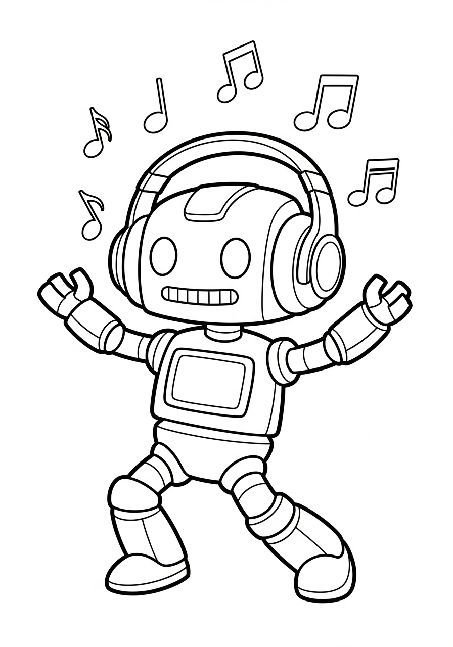 Robot Coloring Pages 12 Dancing robot wearing headphones coloring page