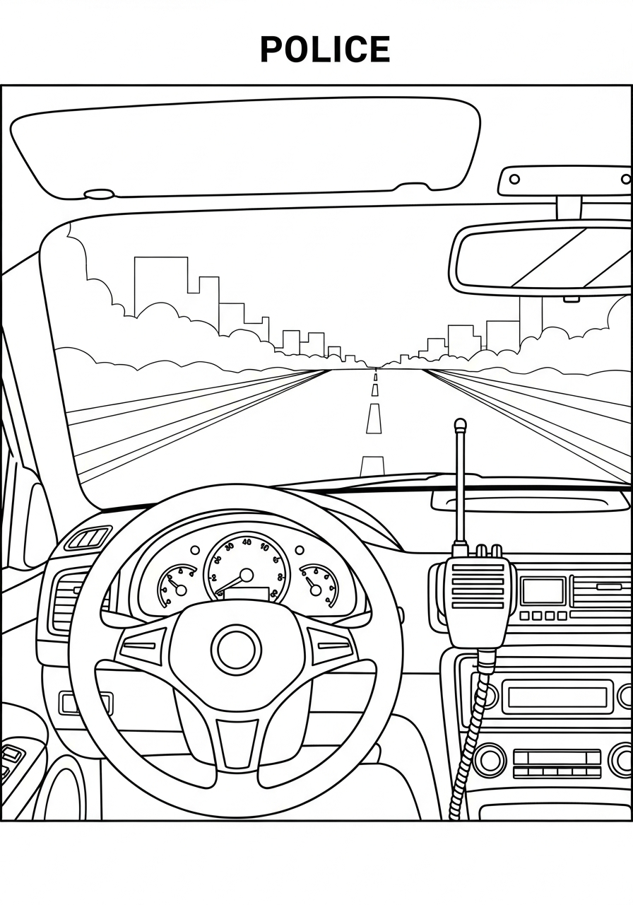 Police Car Coloring Pages 8 Dashboard view inside police car coloring page